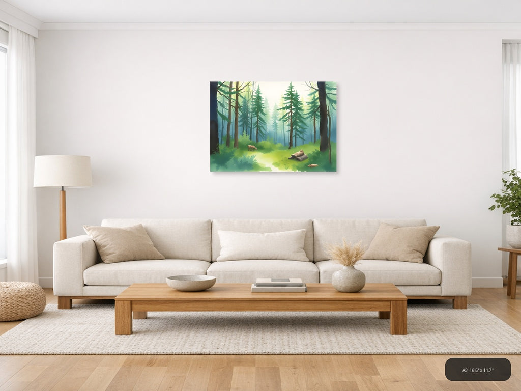 Misty Forest Stream with Wildlife Watercolor Wall Art — A3 / Living Room
