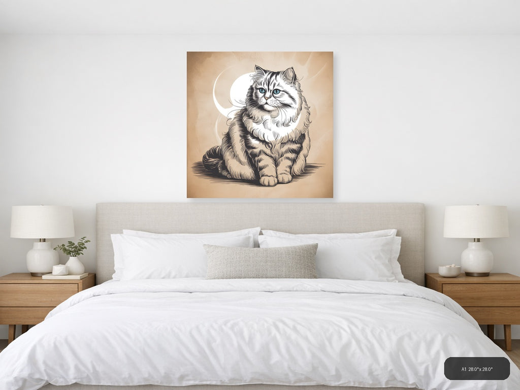 Fluffy Long-Haired Cat with Blue Eyes Line Art Wall Art — A1 / Bedroom