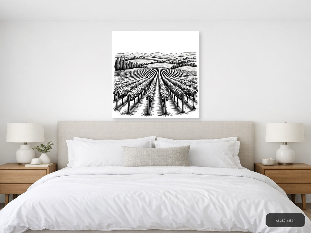 Blooming Field Line Art - Agricultural Landscape Wall Art — A1 / Bedroom