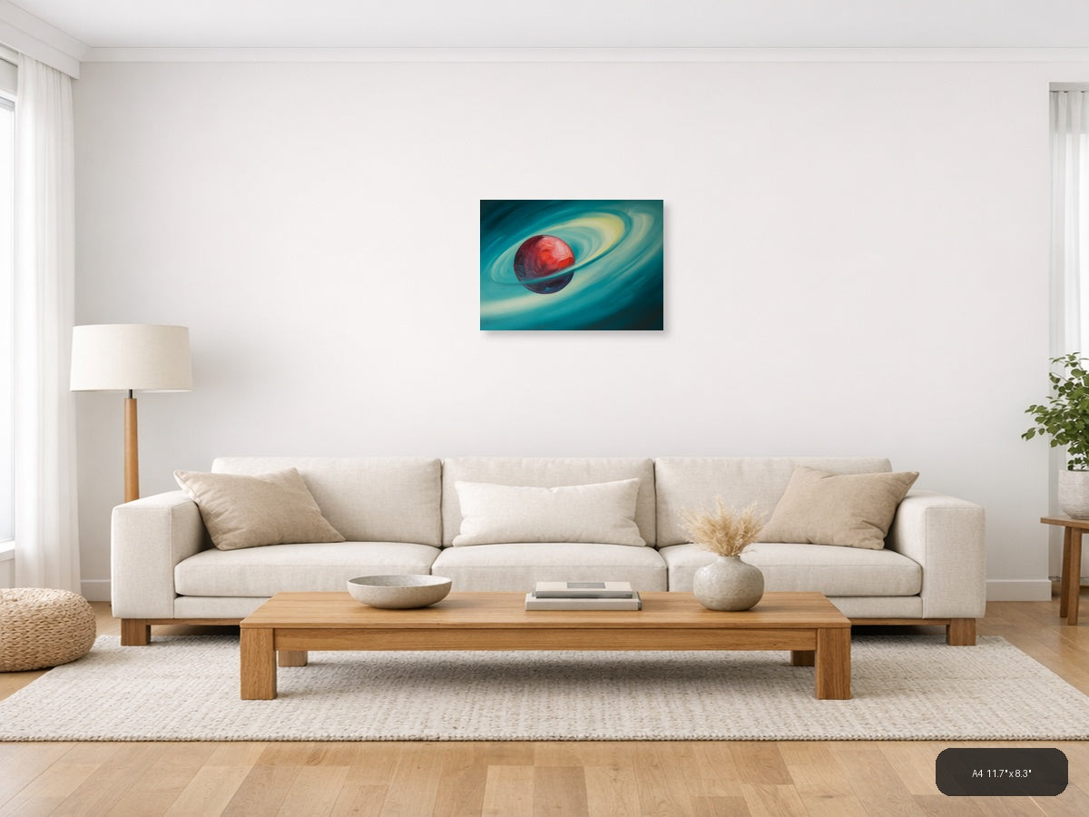 Red Planet with Rings Abstract Landscape Wall Art — A4 / Living Room