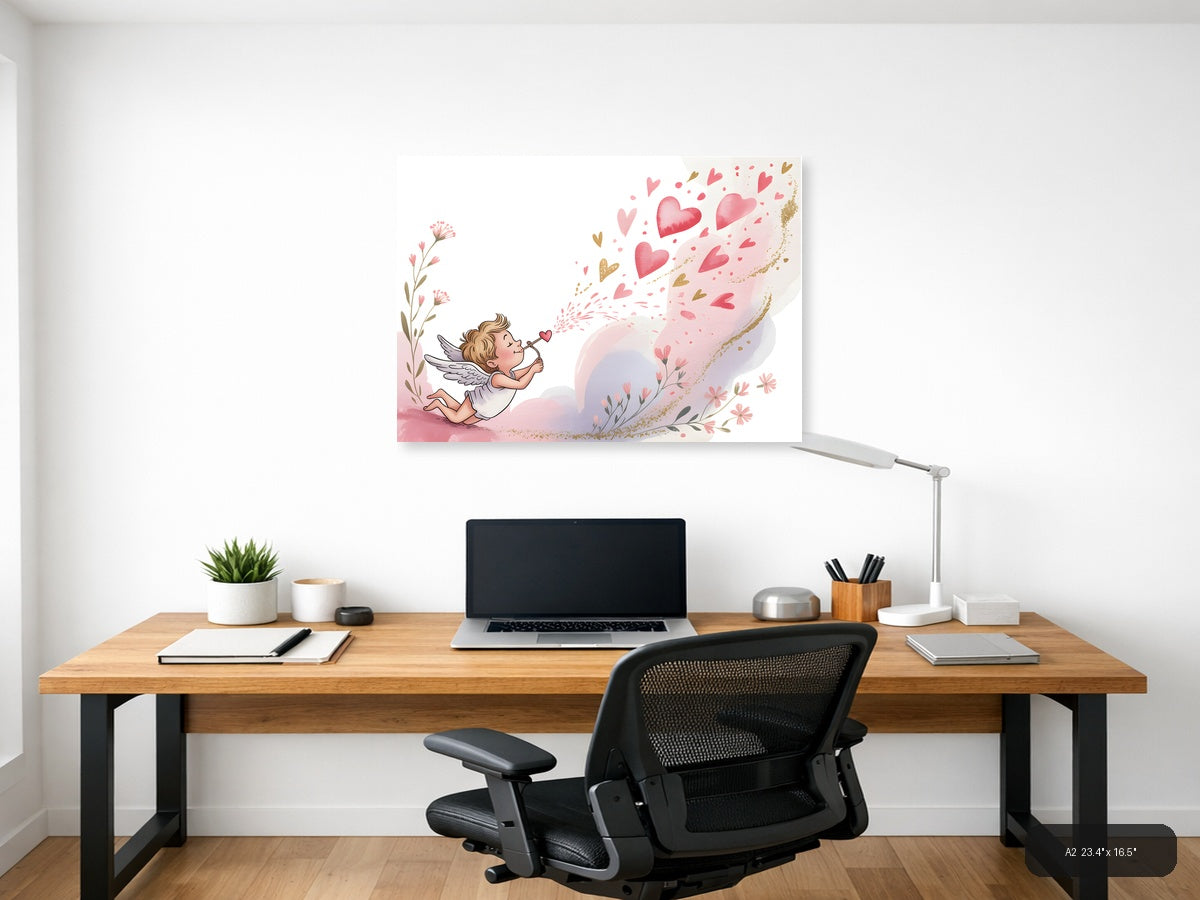 Cupid Blowing Hearts Watercolor Landscape Wall Art — A2 / Office