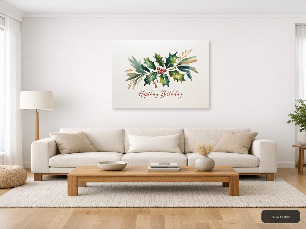 Hapthay Birthday Holly Watercolor Landscape Wall Art — A2 / Living Room