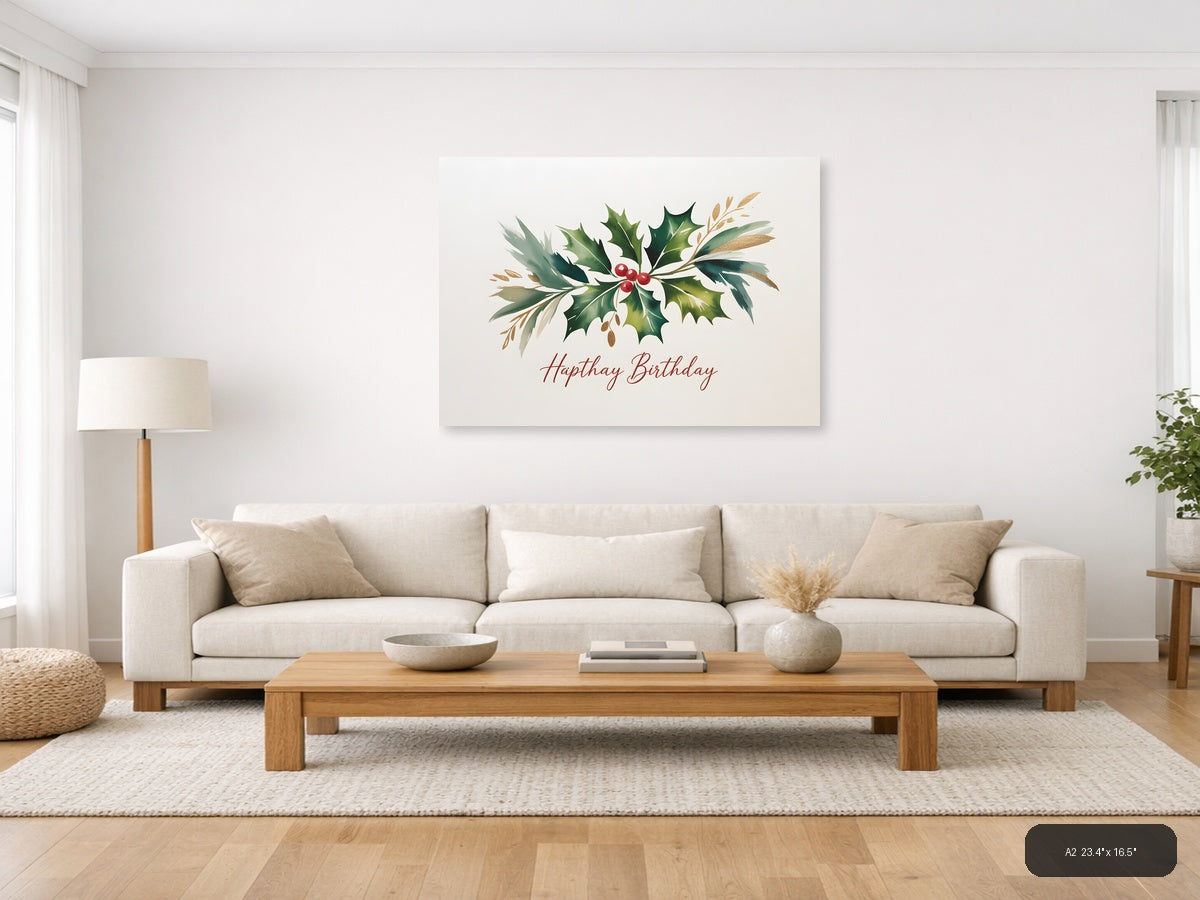Hapthay Birthday Holly Watercolor Landscape Wall Art — A2 / Living Room