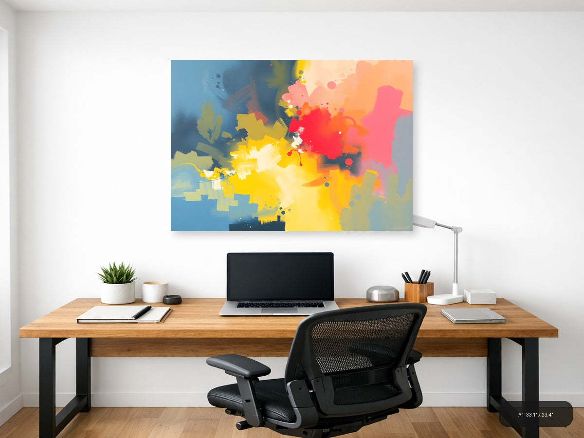Vibrant Abstract Splatter Yellow Red Pink Blue Wall Art — A1 / Office