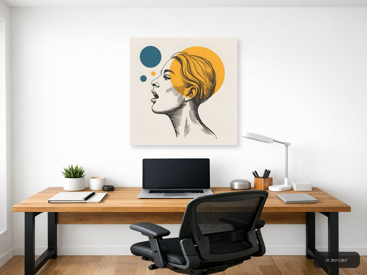 Modern Line Art Portrait with Yellow Circle Wall Art — A1 / Office