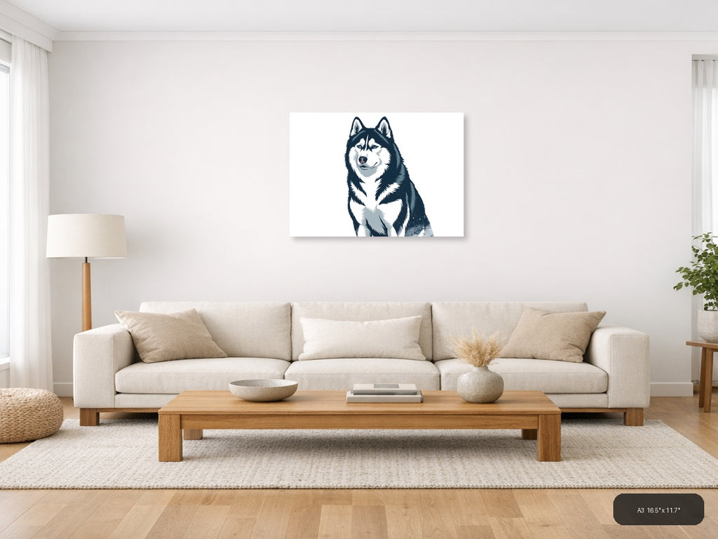 Husky Portrait Minimalist Black and White Wall Art — A3 / Living Room