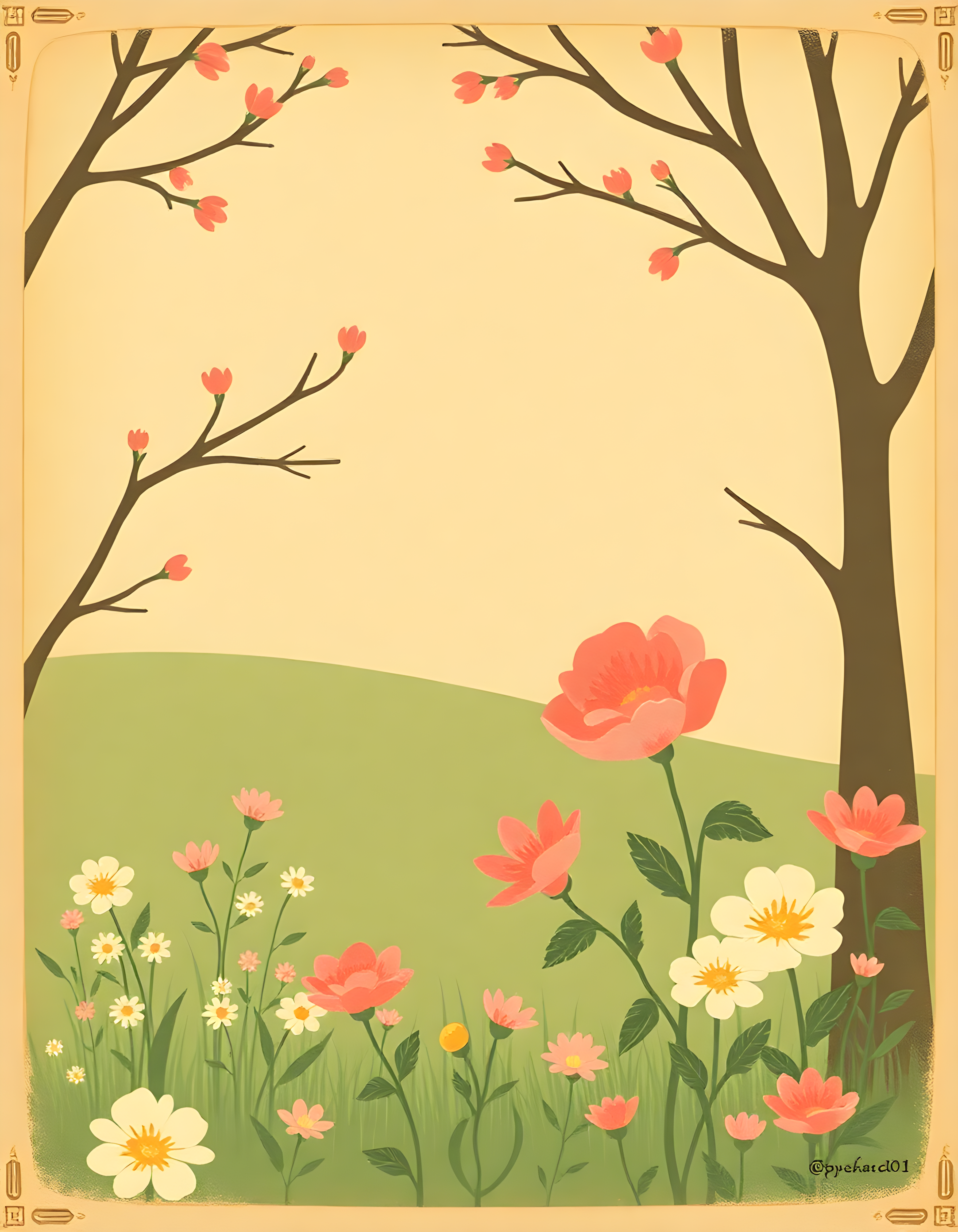 Vintage Spring Garden with Blooming Trees Wall Art