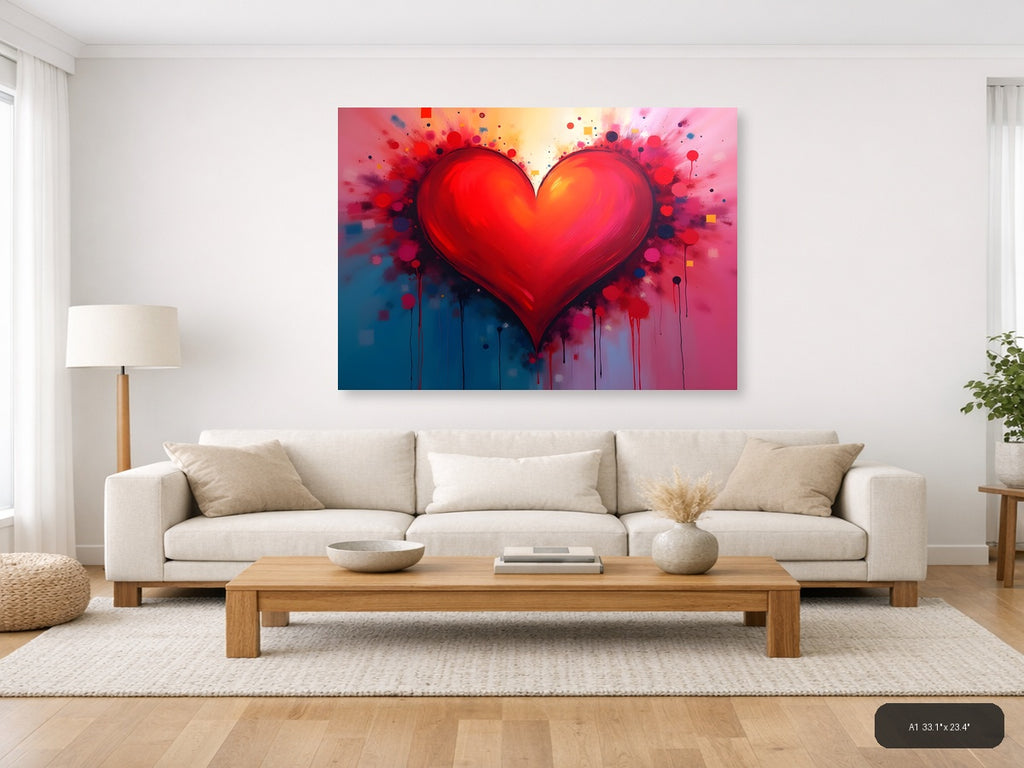 Red Heart Abstract Explosion Splatter Wall Art — A1 / Living Room