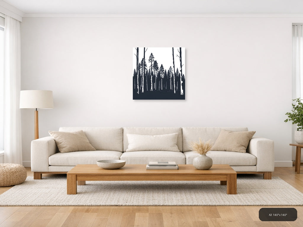 Minimalist Forest Silhouette Black and White Wall Art — A3 / Living Room