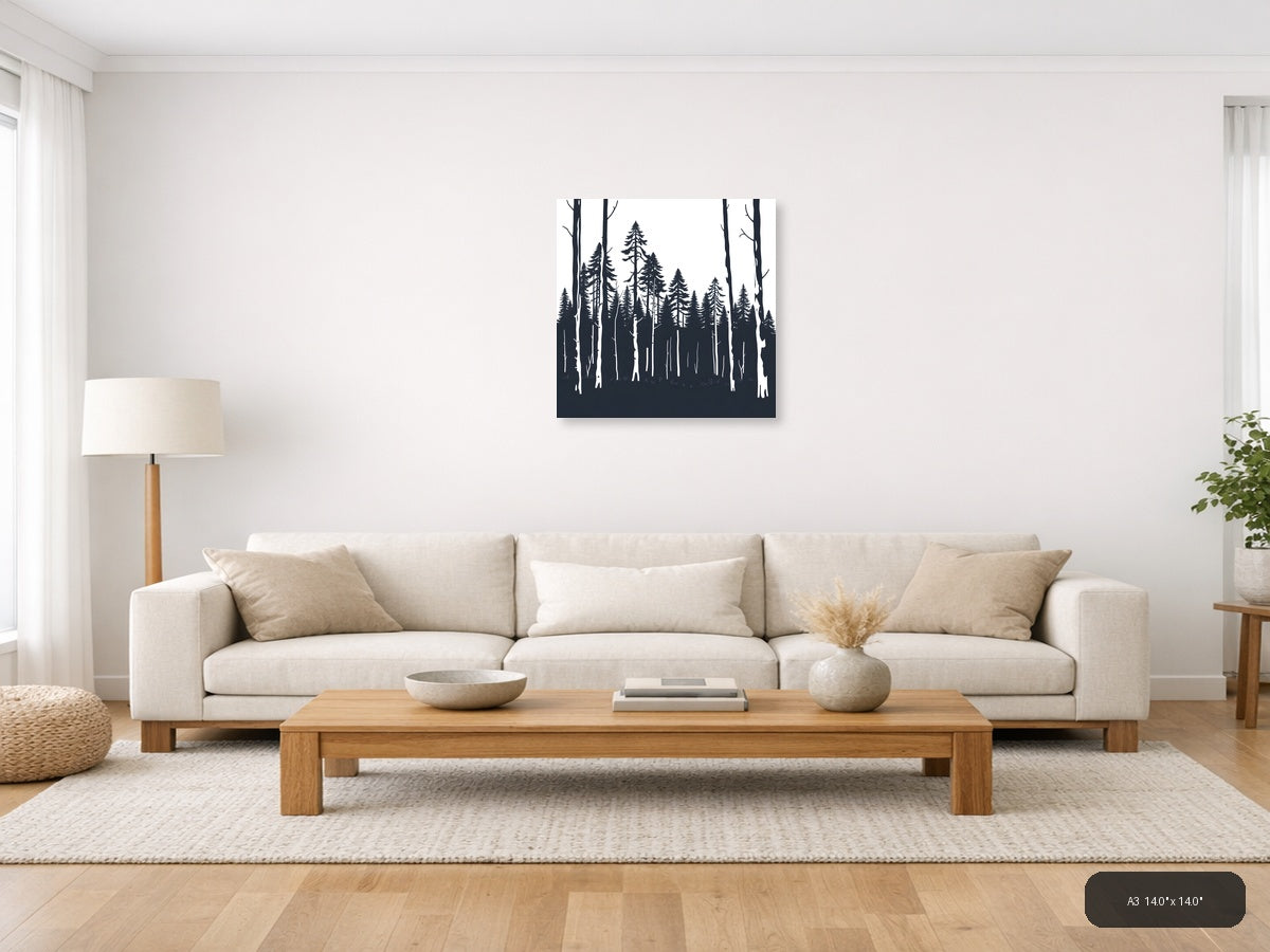 Minimalist Forest Silhouette Black and White Wall Art — A3 / Living Room