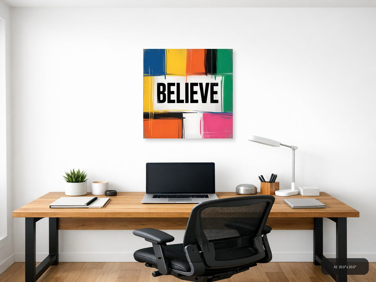 BELIEVE Colorful Abstract Blocks Square Wall Art — A2 / Office