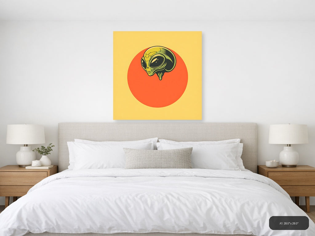 Vintage Alien Head on Red Sun Wall Art — A1 / Bedroom