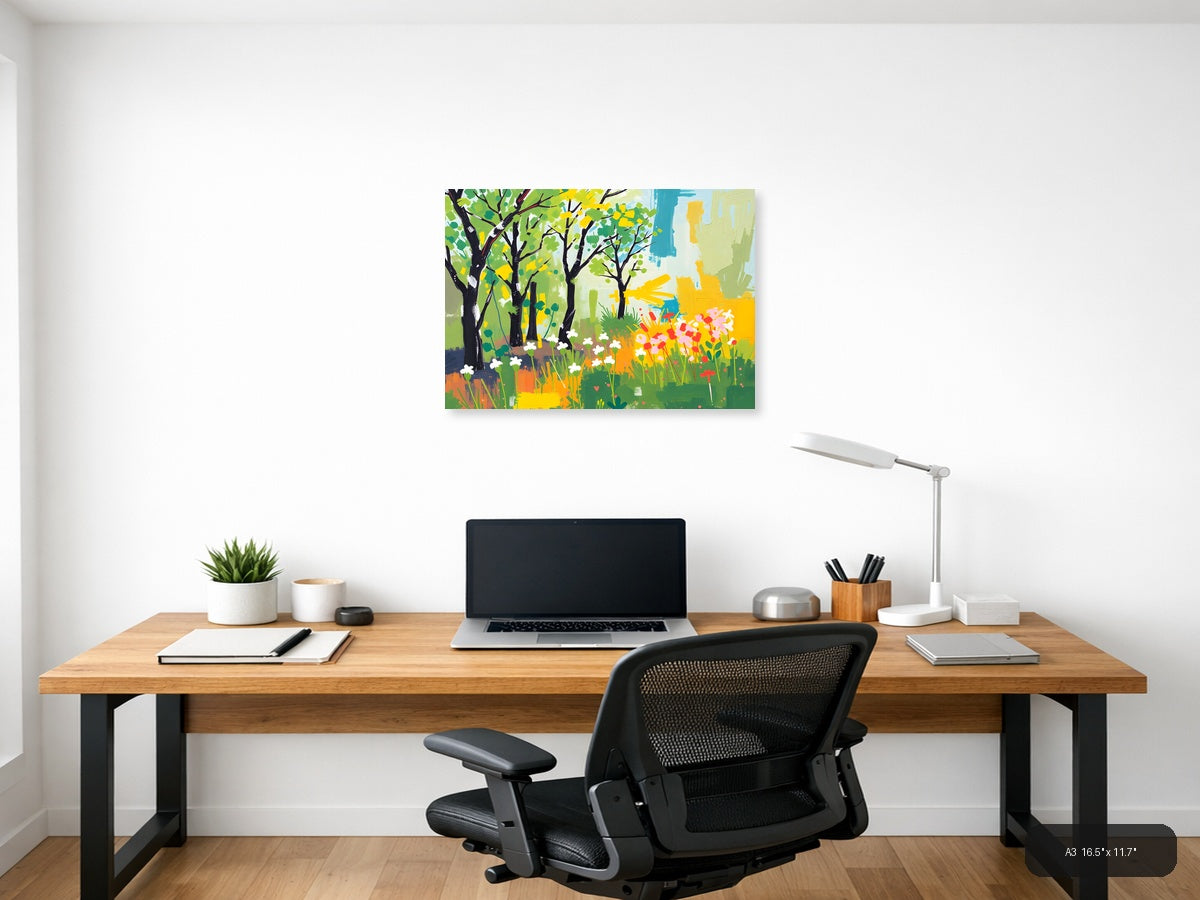 Spring Garden with Black Trees Abstract Wall Art — A3 / Office