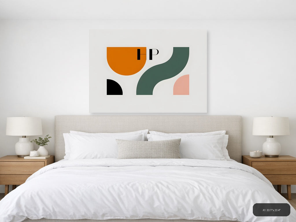 Minimalist Abstract Shapes in Orange, Teal & Pink Wall Art — A1 / Bedroom