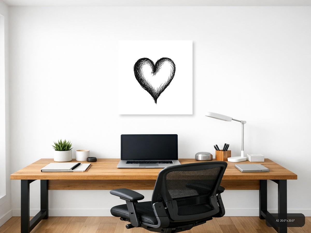 Hand-Drawn Heart Line Art Black & White Wall Art — A2 / Office