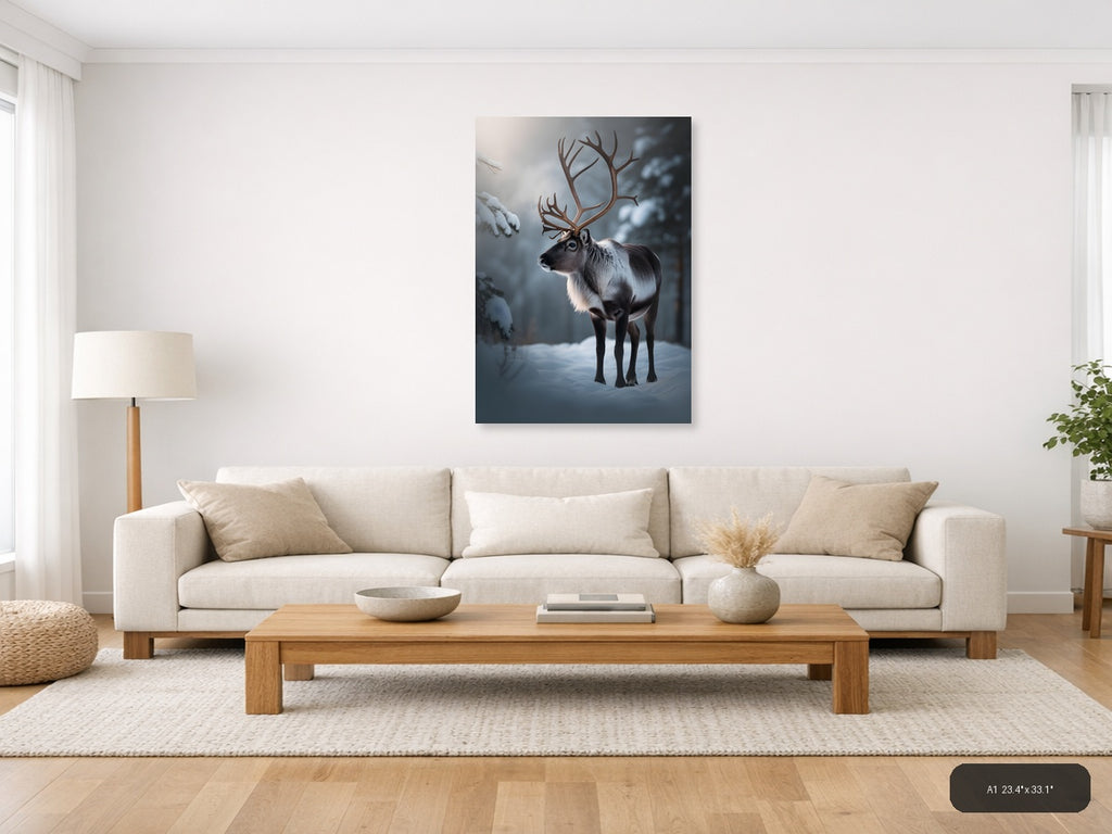 Majestic Reindeer in Snowy Winter Forest Photography Wall Art — A1 / Living Room