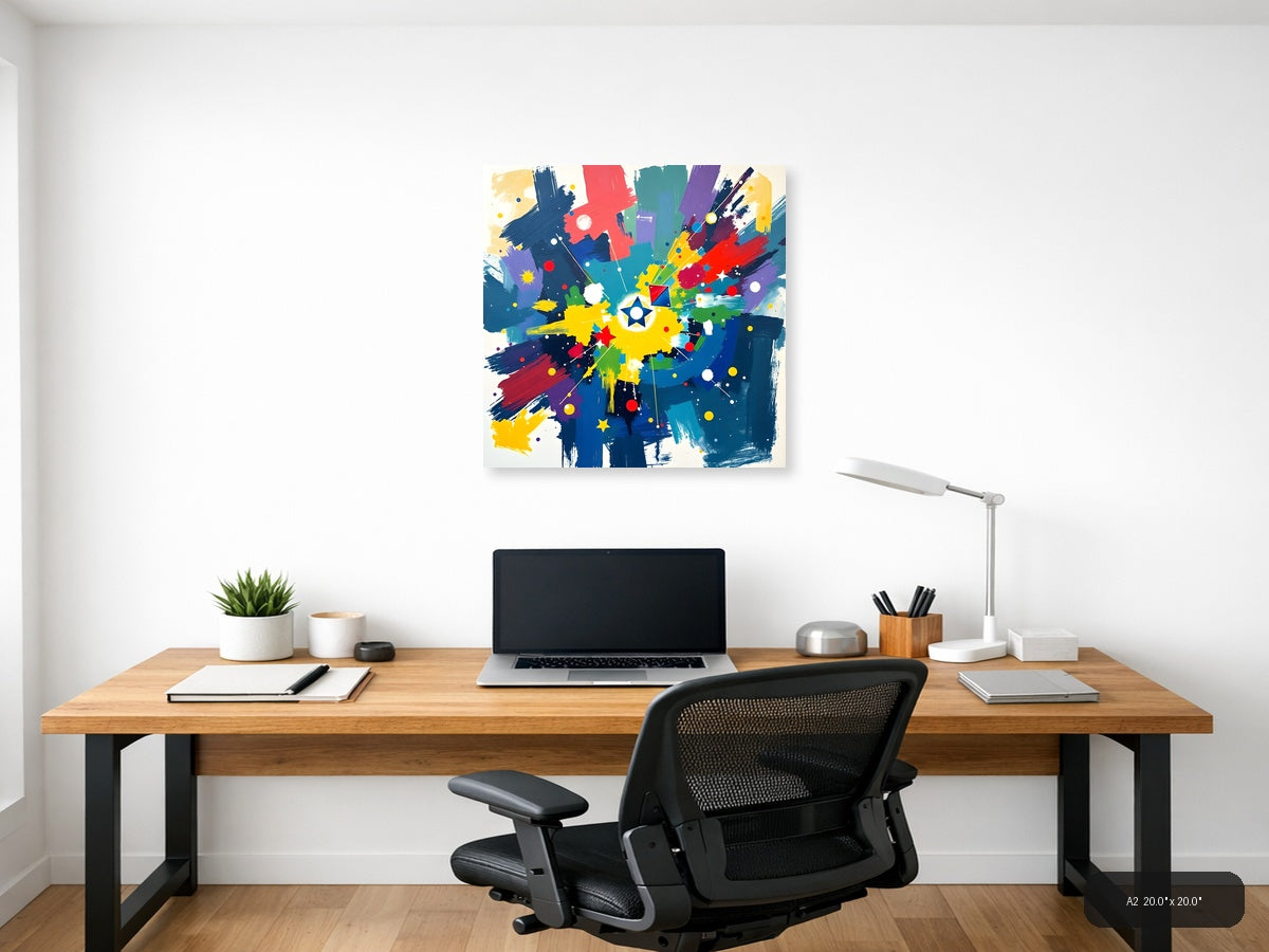 Vibrant Abstract Starburst with Colorful Brushstrokes Wall Art — A2 / Office