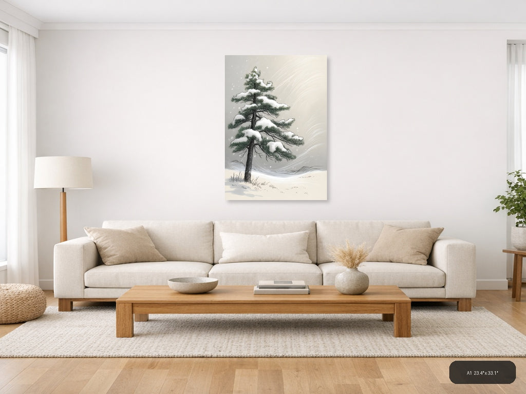 Snow-Covered Pine Tree Line Art Winter Wall Art — A1 / Living Room