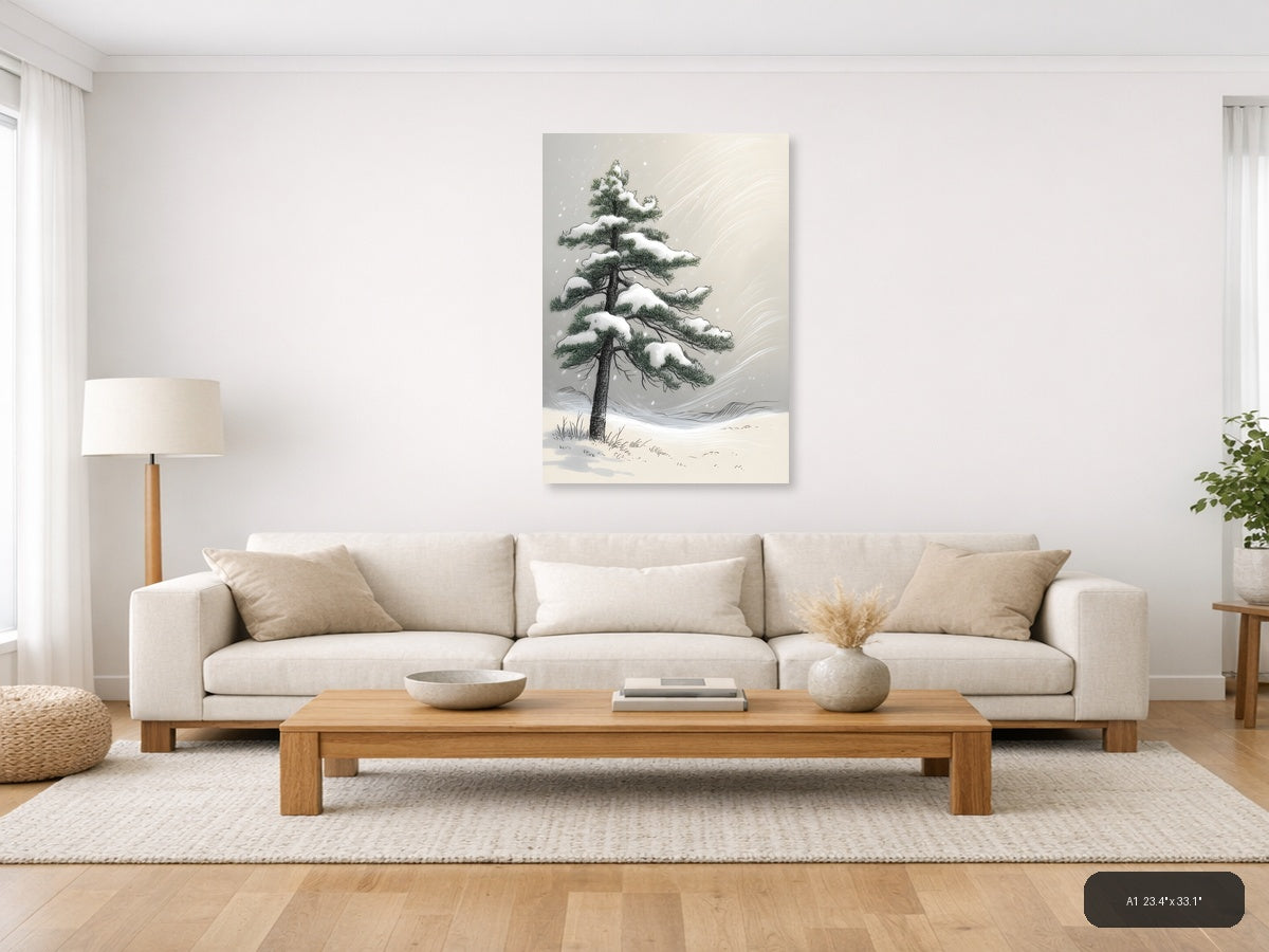 Snow-Covered Pine Tree Line Art Winter Wall Art — A1 / Living Room