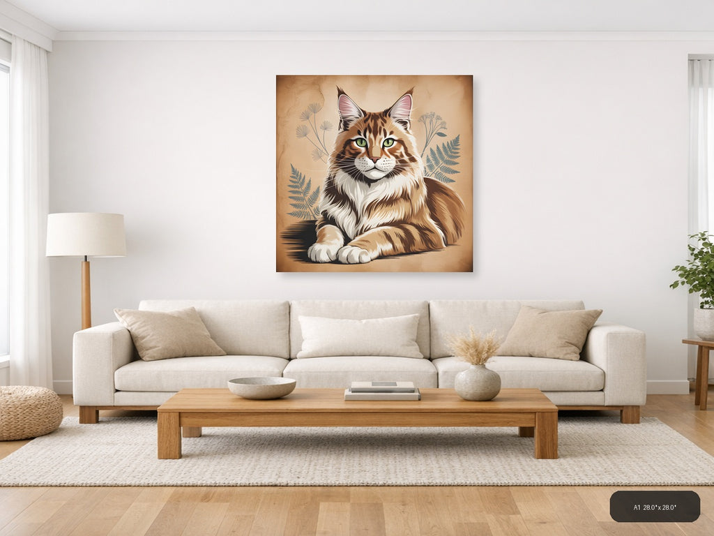 Maine Coon Cat with Botanical Plants Vintage Wall Art — A1 / Living Room