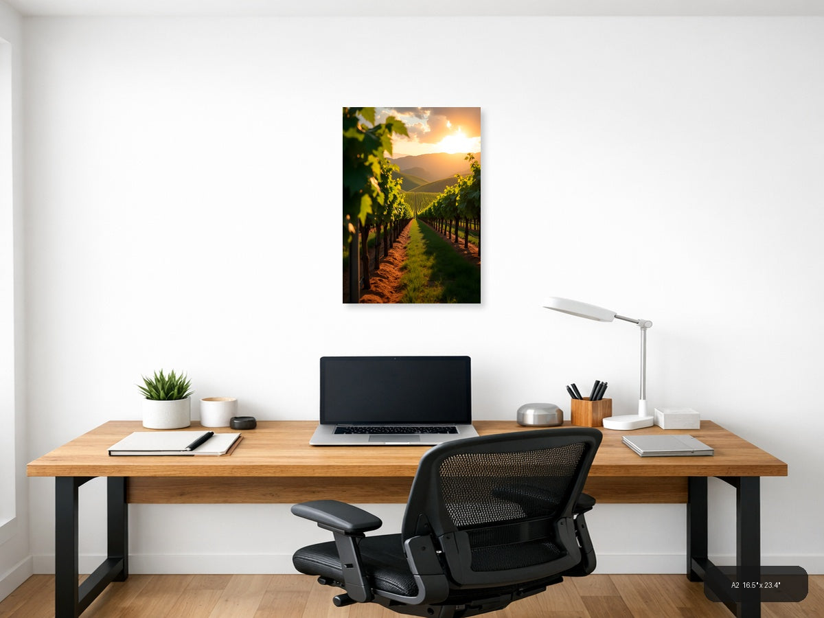 Golden Sunset Vineyard Rows Photography Wall Art — A2 / Office