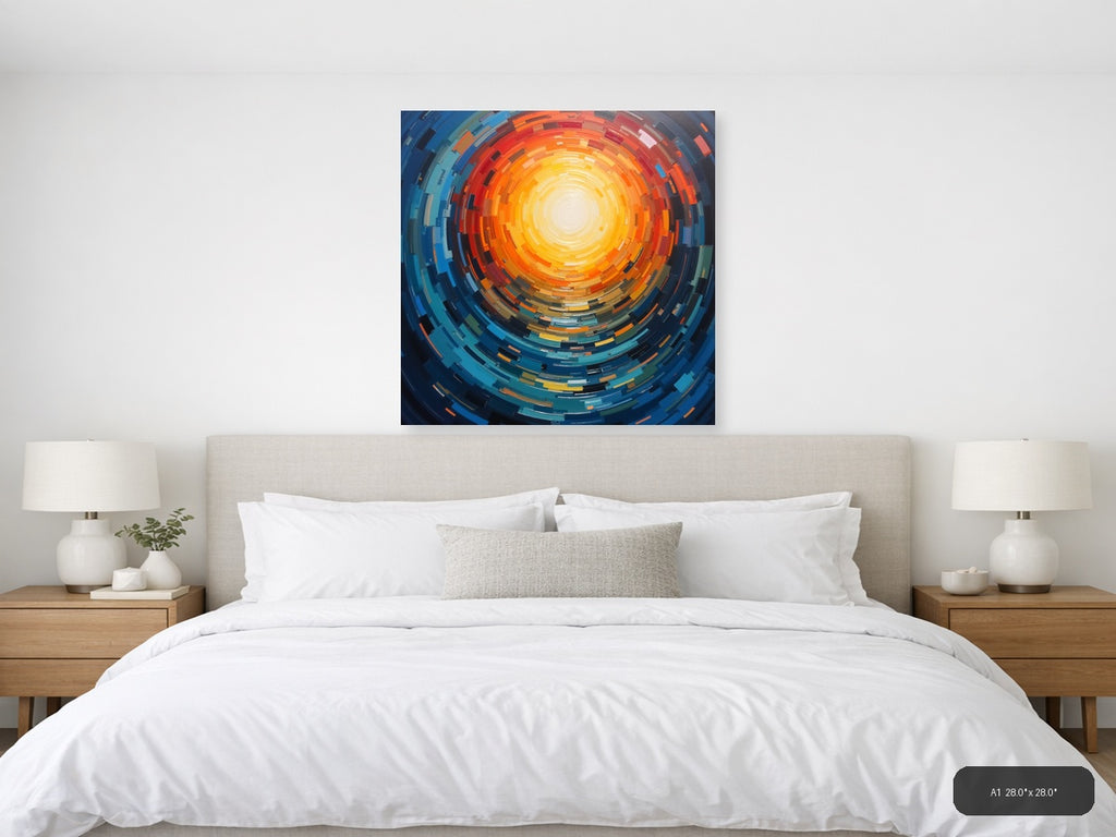 Abstract Concentric Sun Burst Orange Blue Wall Art — A1 / Bedroom
