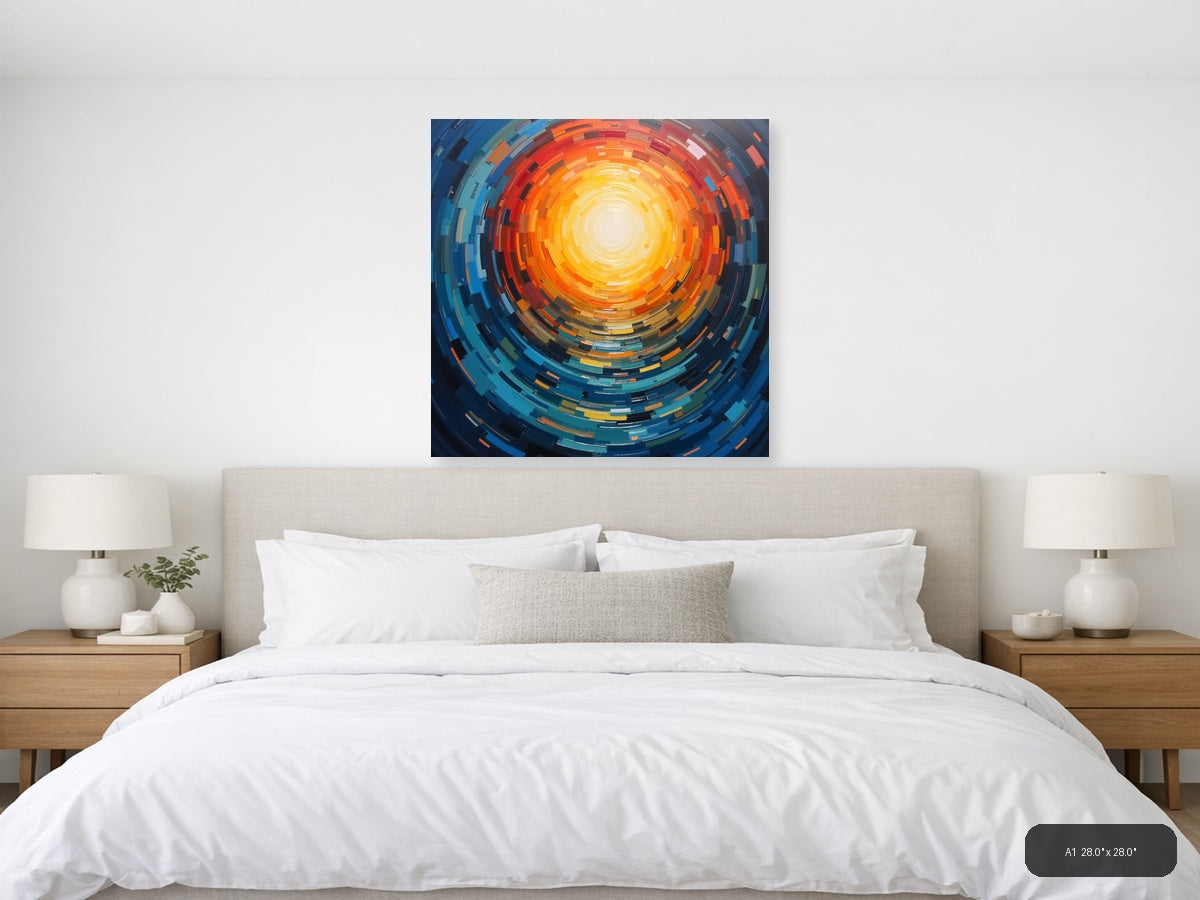 Abstract Concentric Sun Burst Orange Blue Wall Art — A1 / Bedroom