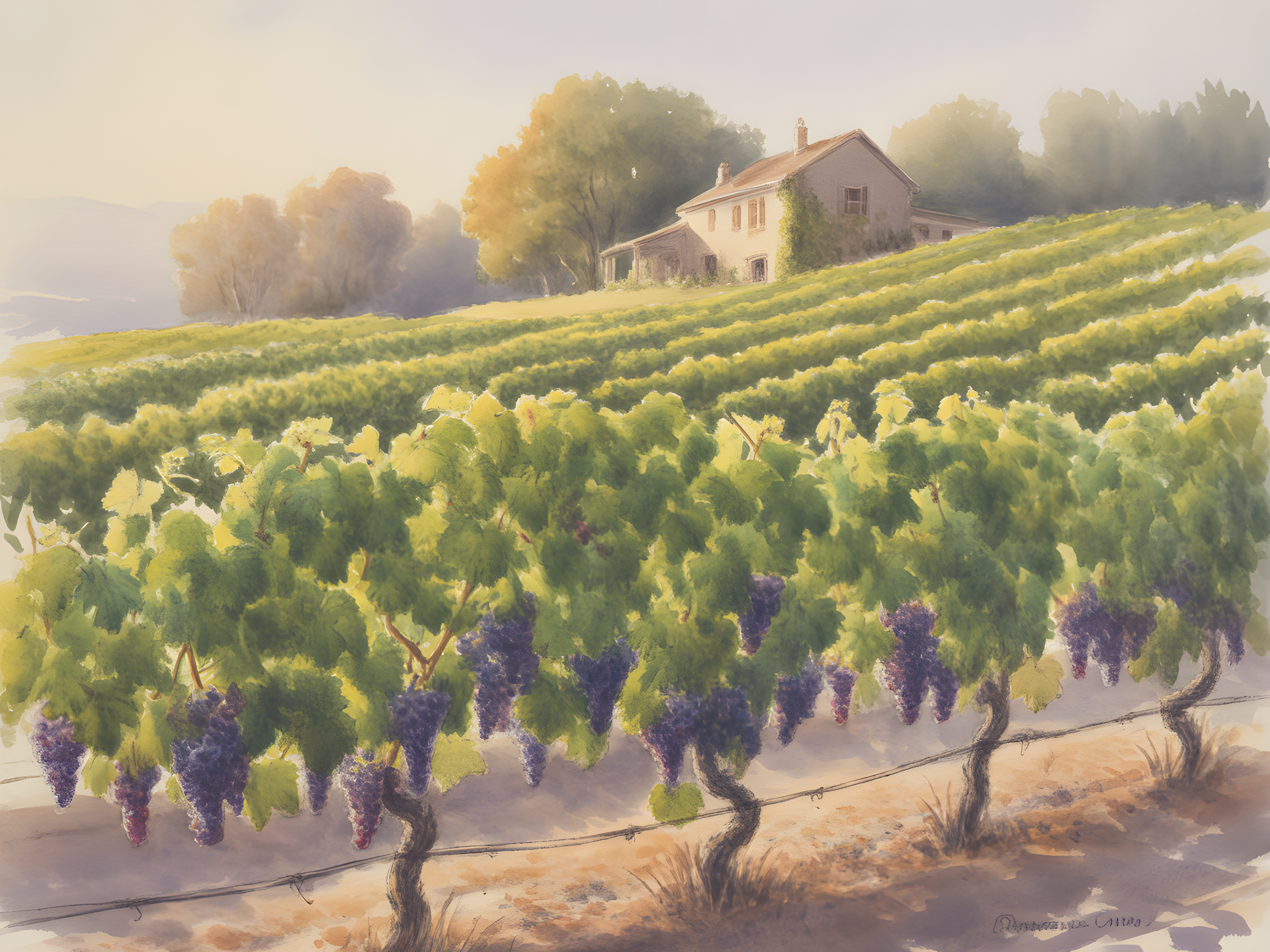 Tuscan Vineyard Watercolor Landscape Wall Art