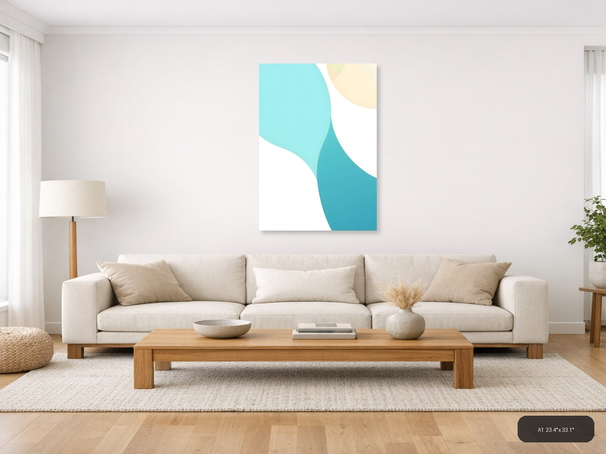 Minimalist Turquoise and Cream Abstract Curves Wall Art — A1 / Living Room