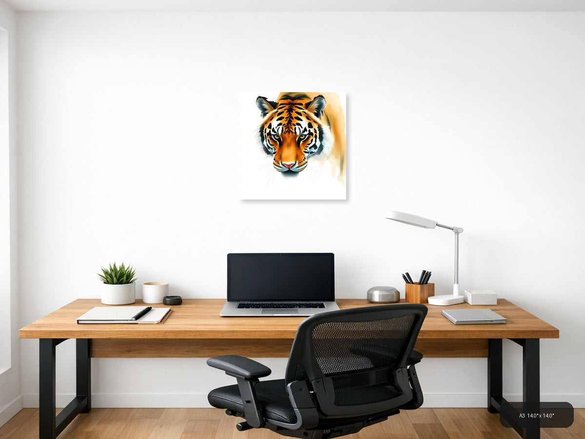 Tiger Face Watercolor Portrait Square Wall Art — A3 / Office