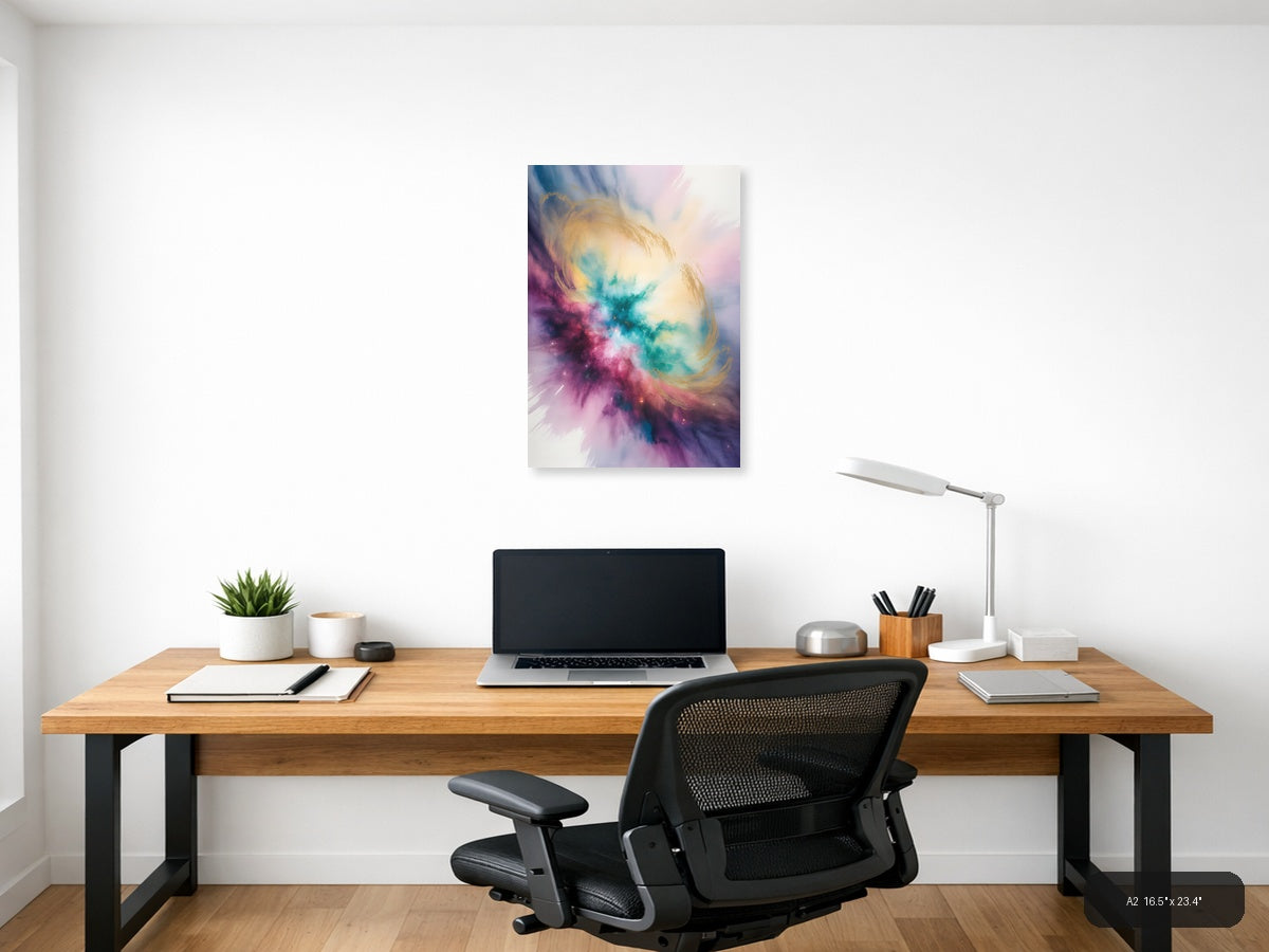 Cosmic Watercolor Nebula in Pink and Teal Wall Art — A2 / Office