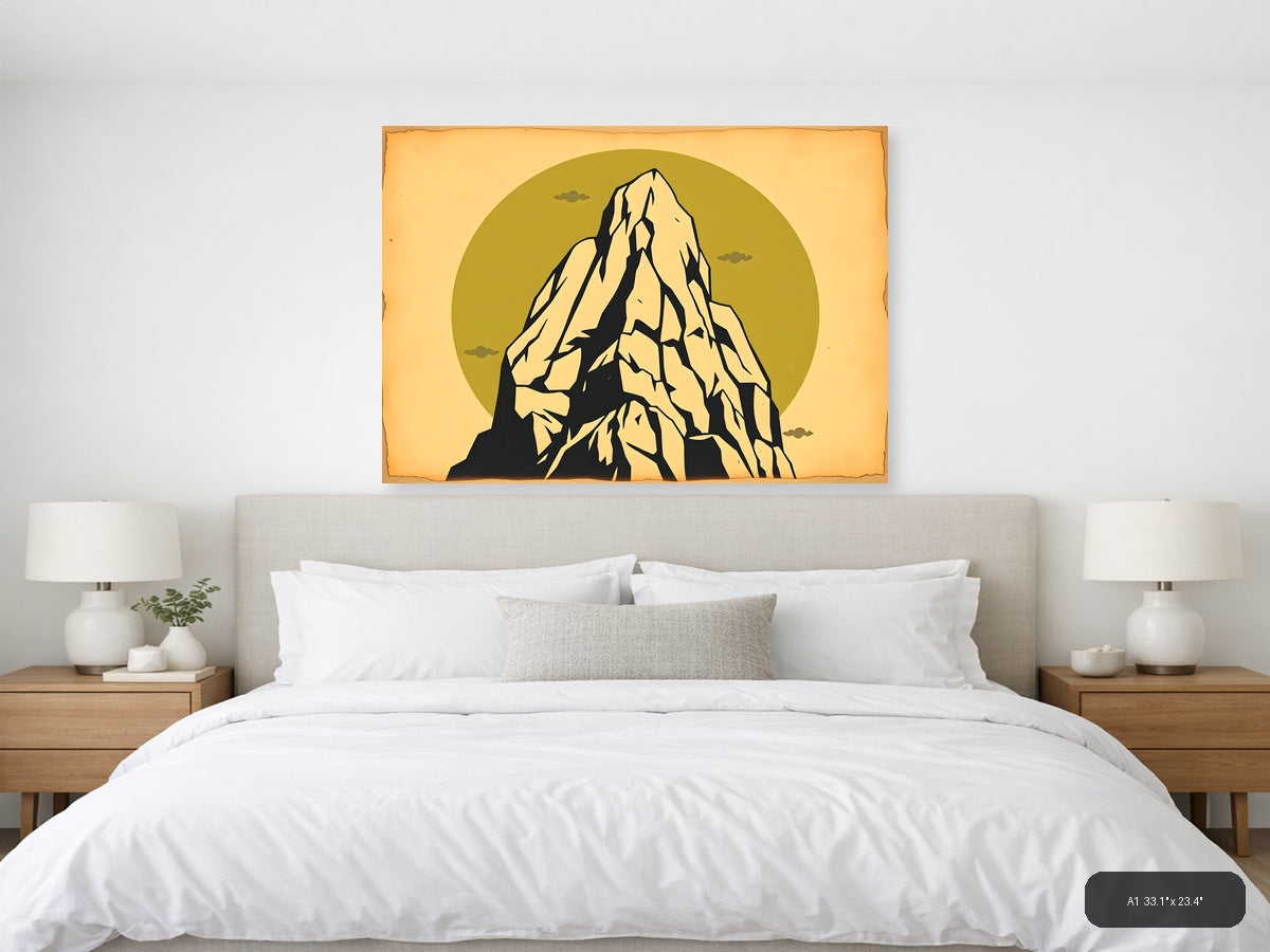 Vintage Mountain Peak Against Gold Sky Wall Art — A1 / Bedroom