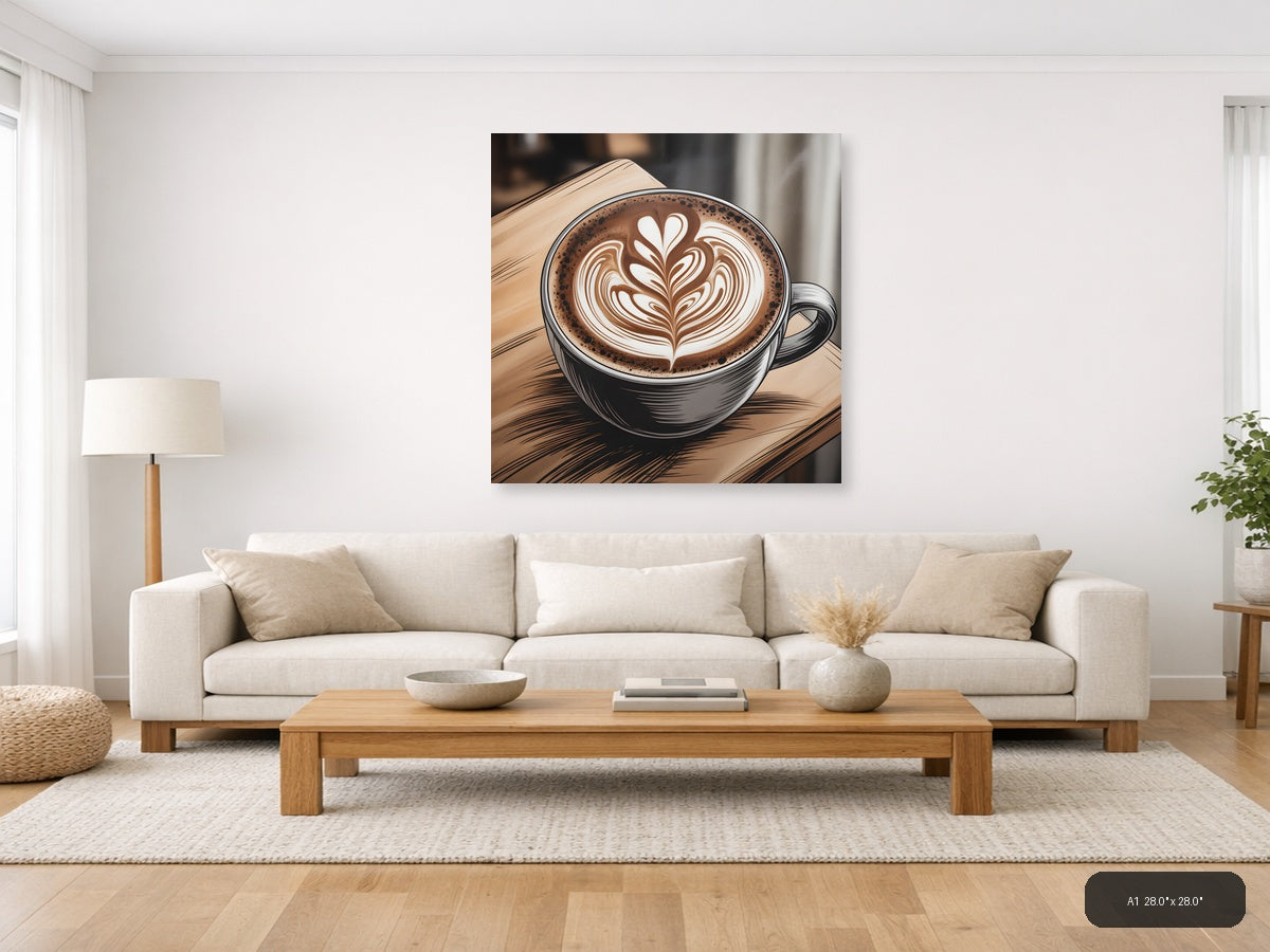 Latte Art Heart Line Art Coffee Wall Art — A1 / Living Room