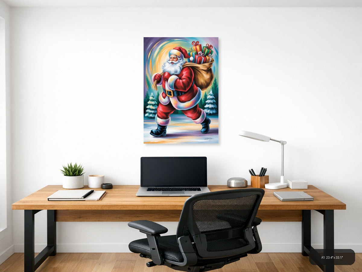 Jolly Santa with Gift Sack Winter Wall Art — A1 / Office