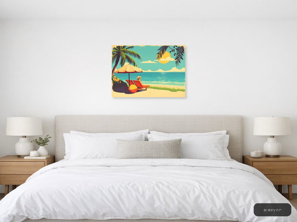 Vintage Beach Vacation Scene with Umbrella Wall Art — A3 / Bedroom