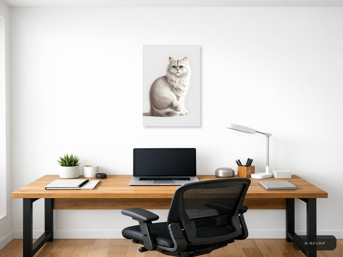 White Fluffy Cat with Green Eyes Minimalist Wall Art — A2 / Office
