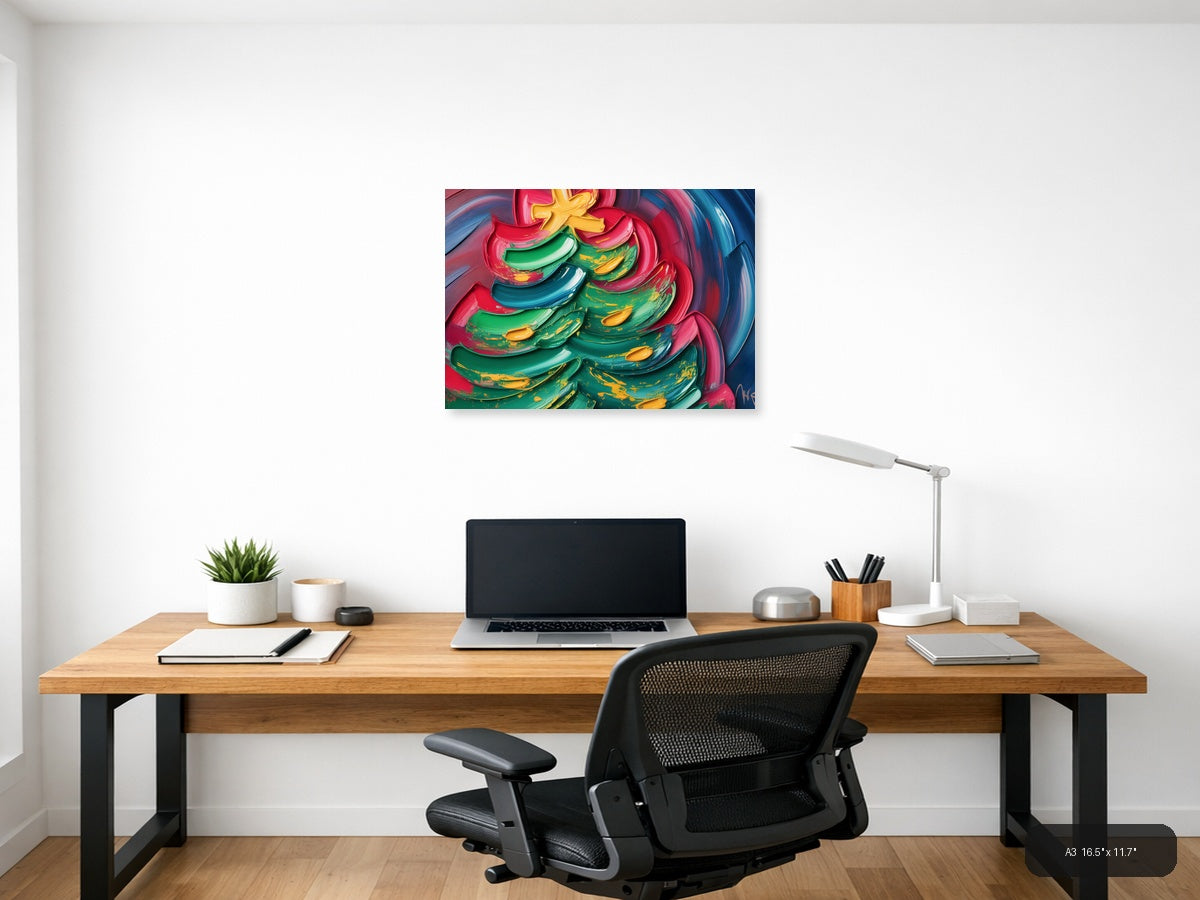 Colorful Abstract Christmas Tree with Neon Brushstrokes Wall Art — A3 / Office