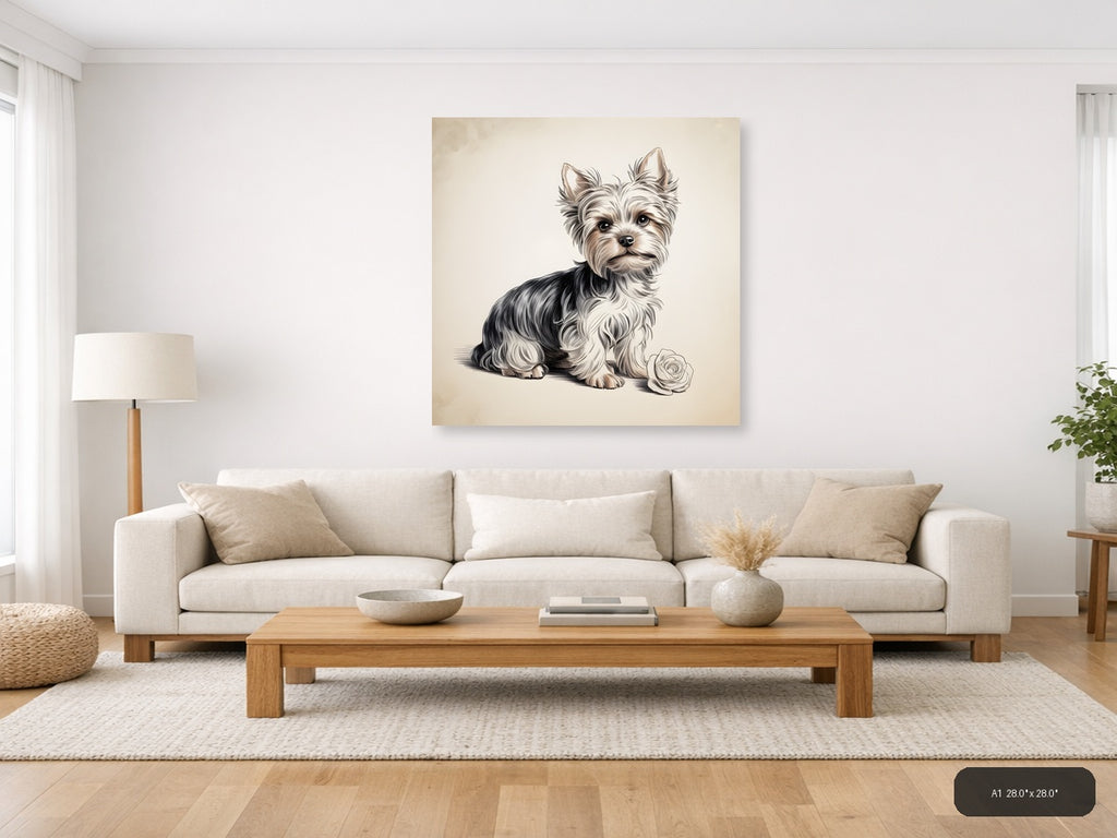 Cute Terrier with Rose Line Art Wall Art — A1 / Living Room