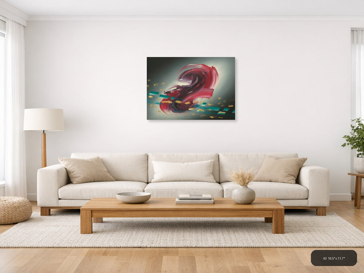Red Abstract Swirl with Gold Accents Modern Wall Art — A3 / Living Room