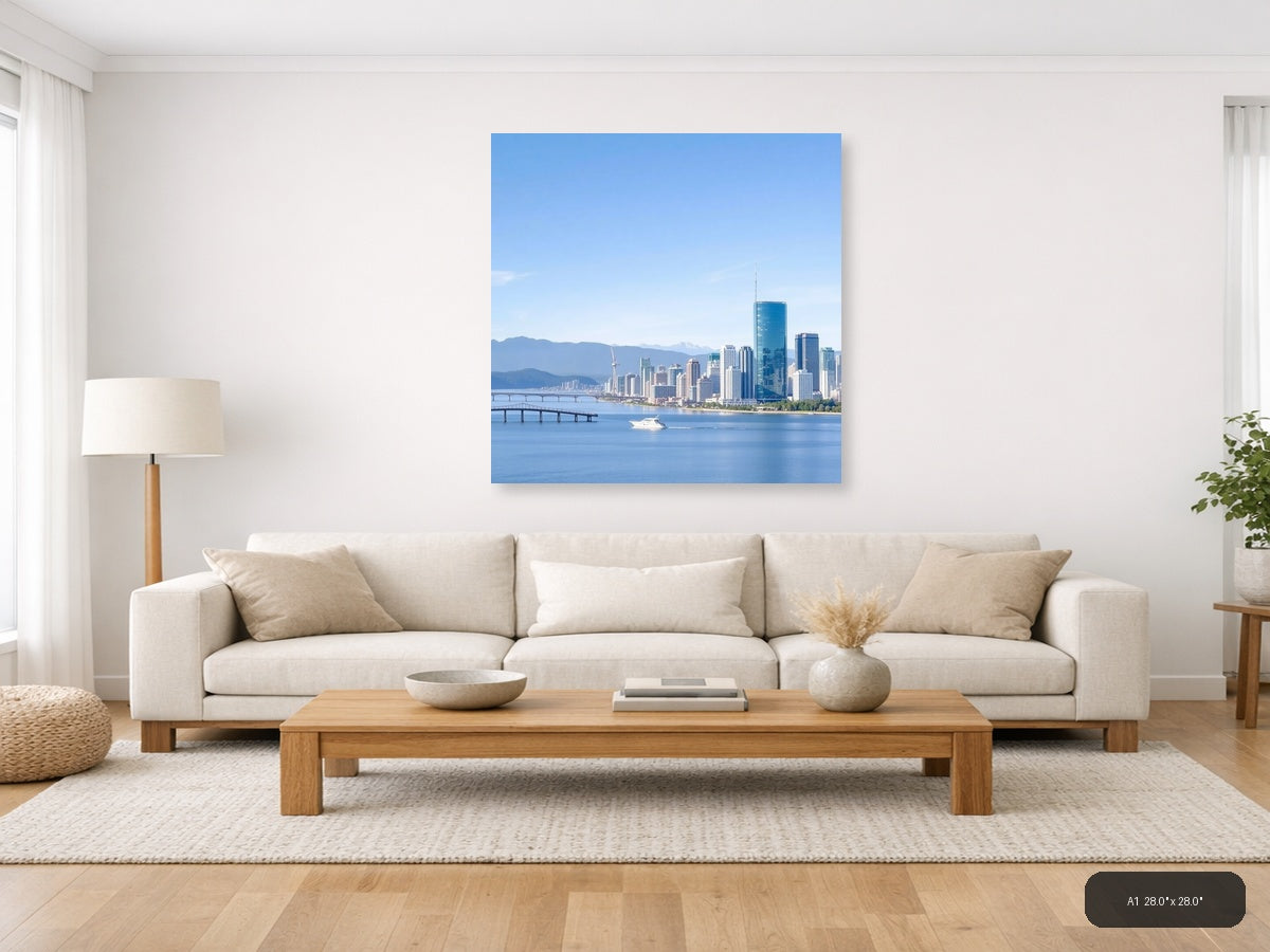 Vancouver Skyline Blue Water Mountains Minimalist Wall Art — A1 (Living Room)