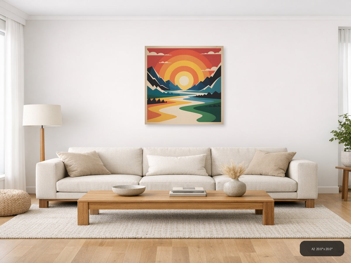 Vintage Sunset Mountain River Landscape Wall Art — A2 / Living Room