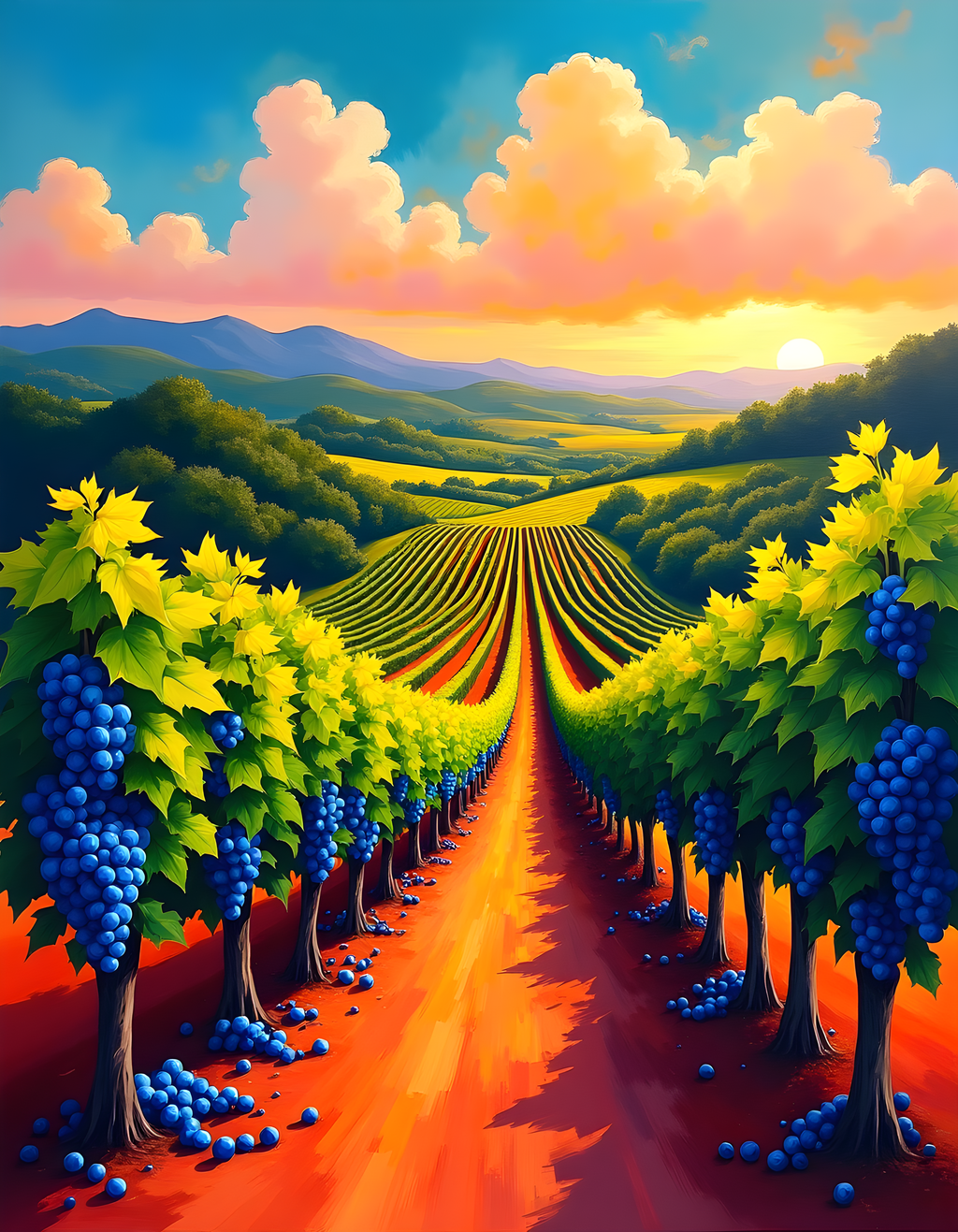 Vibrant Vineyard Sunset Abstract Landscape Wall Art