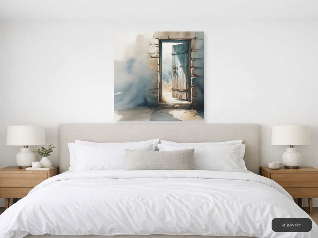 Rustic Wooden Door Watercolor Painting Wall Art — A1 / Bedroom