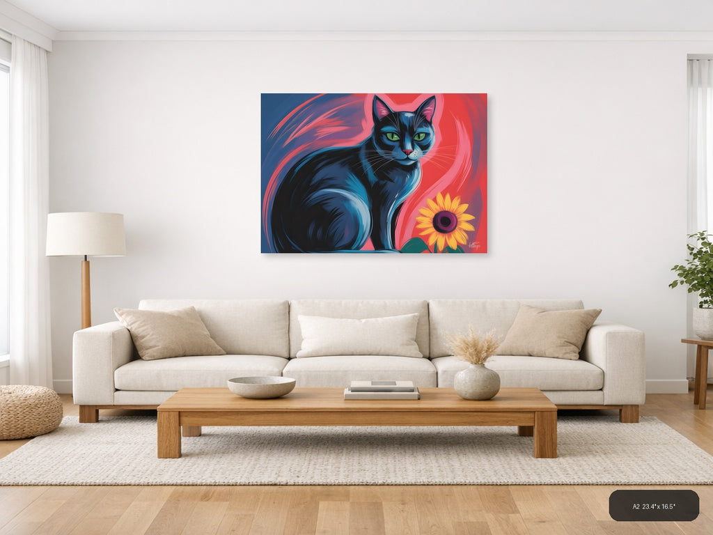 Blue Cat with Sunflower Abstract Pop Art Wall Art — A2 / Living Room