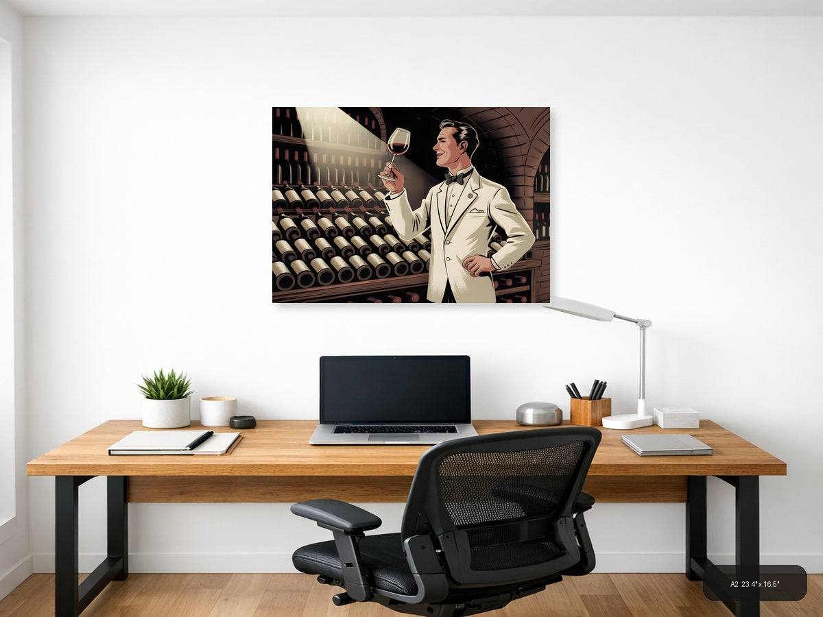 Vintage Wine Connoisseur in Cellar - Landscape Wall Art — A2 / Office