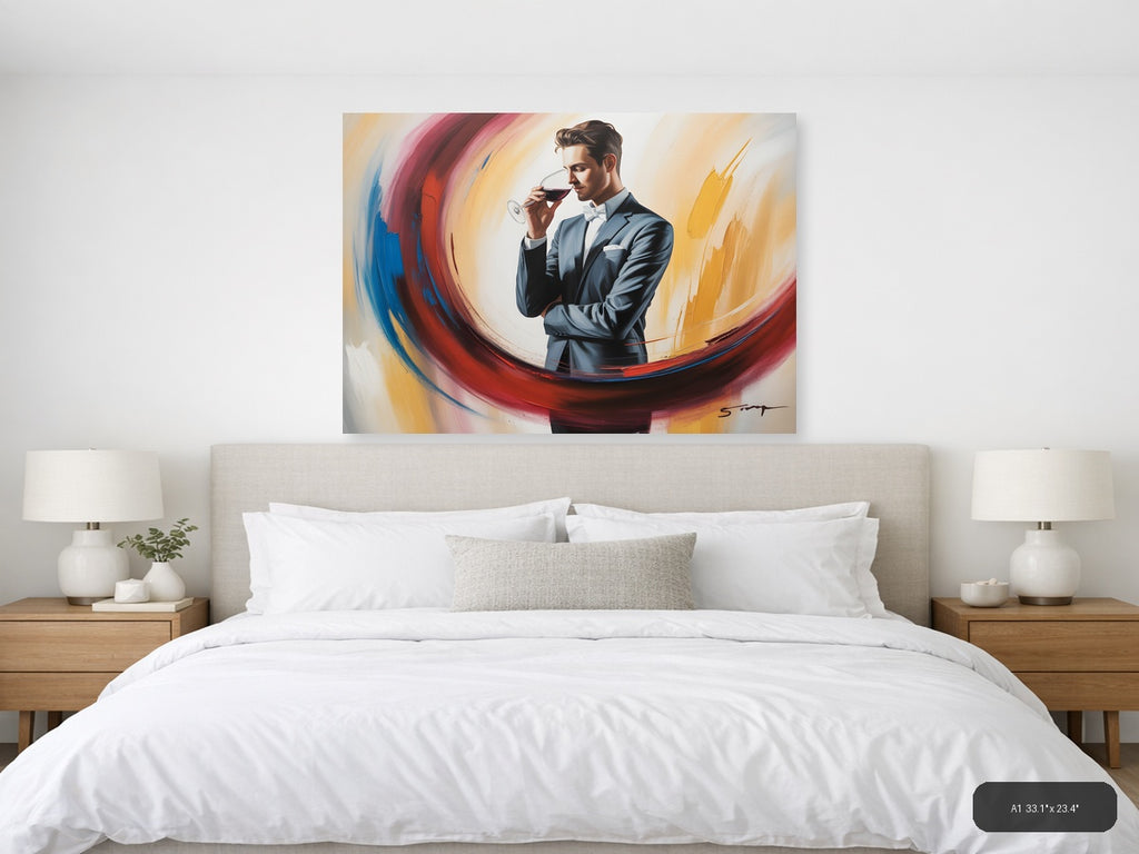 Elegant Man Wine Tasting Abstract Swirl Wall Art — A1 / Bedroom
