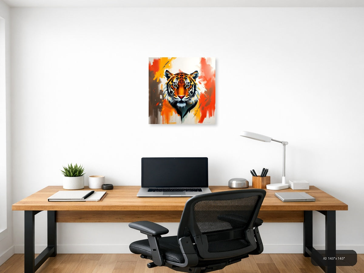 Abstract Tiger Head Orange Splash Modern Wall Art — A3 / Office