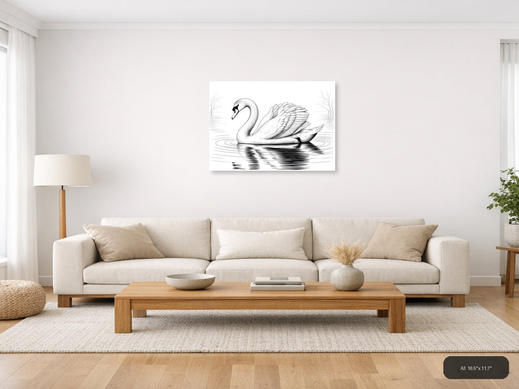 Elegant Swan Line Art Drawing - Black & White Wall Art — A3 / Living Room