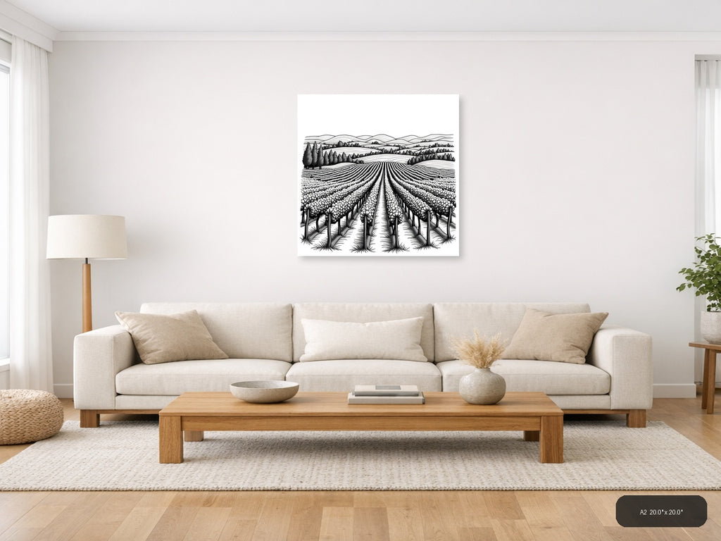 Blooming Field Line Art - Agricultural Landscape Wall Art — A2 / Living Room