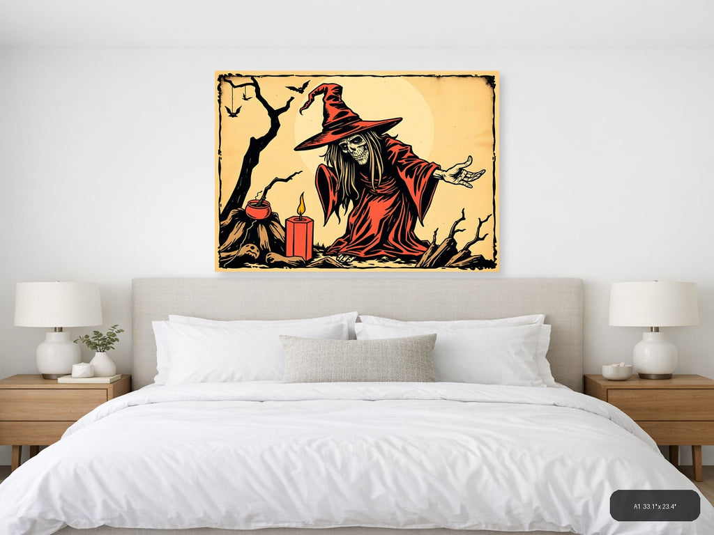 Vintage Witch in Red Robe Halloween Wall Art — A1 / Bedroom